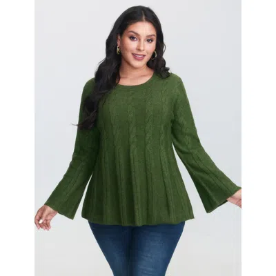 Bloomchic Women's Plus Size Textured Flared Sleeve A-line Pullover Armygreen Not Graphics Long Sleeve Round Ne