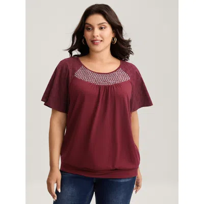 Bloomchic Women's Plus Size Textured Flared Sleeve Pleated Top Burgundy Short Sleeve Elegant 26/4x