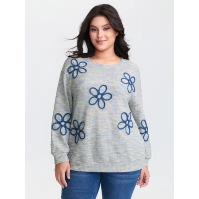 Bloomchic Women's Plus Size Textured Floral Braided Embroidery Sweatshirt Lightblue Natural Flowers Casual 28/ In Blue