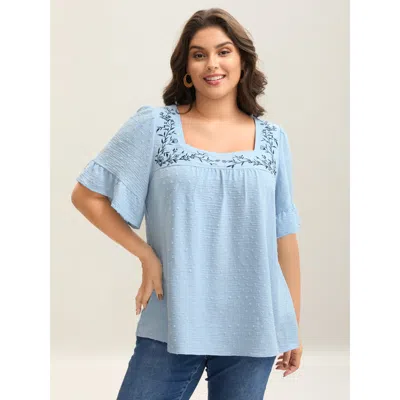 Bloomchic Women's Plus Size Textured Floral Embroidered Flared Sleeve Shirt Lightblue Synthetic Texture Vacati In Blue