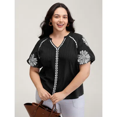 Bloomchic Women's Plus Size Textured Floral Embroidered Notched Collar Blouse Black Synthetic Texture Vacation