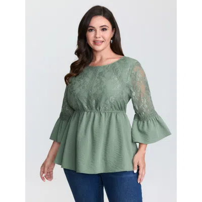 Bloomchic Women's Plus Size Textured Floral Lace Patchwork Blouse Greenbean Solid Elegant 3/4 Sleeve Round Nec