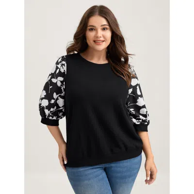 Bloomchic Women's Plus Size Textured Floral Puffy Sleeve Sweatshirt Black Not Graphics Casual Round Neck 12/l