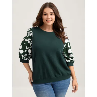 Bloomchic Women's Plus Size Textured Floral Puffy Sleeve Sweatshirt Darkgreen Not Graphics Casual Round Neck 1 In Green