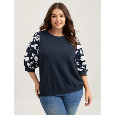 Bloomchic Women's Plus Size Textured Floral Puffy Sleeve Sweatshirt Indigo Not Graphics Casual Round Neck 10/m In Purple