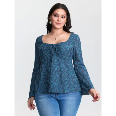 Bloomchic Women's Plus Size Textured Floral Ruched Adjustable Bodice Blouse Cerulean Botanical Elegant Long Sl In Blue
