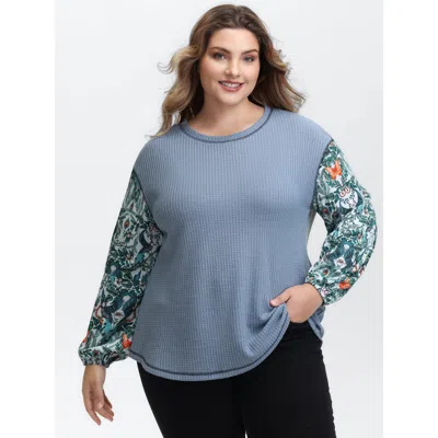 Bloomchic Women's Plus Size Textured Floral Sleeve Drop Shoulder Sweatshirt Lightblue Casual 18-20/2x In Blue