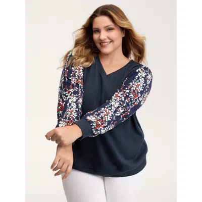Bloomchic Women's Plus Size Textured Floral Sleeve V-neck Sweatshirt Indigo Casual 10/m In Purple