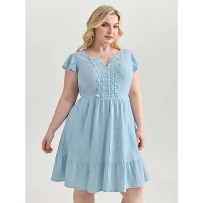 Bloomchic Women's Plus Size Textured Flutter Sleeve Notched Collar Mini Dress Lightblue Synthetic Texture Shor In Blue