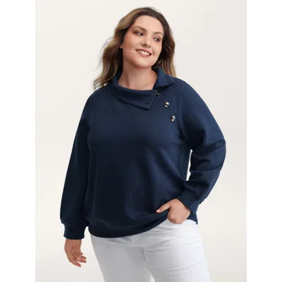 Bloomchic Women's Plus Size Textured Folded Collar Button Sweatshirt Indigo Casual 12/l In Purple