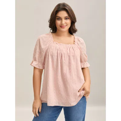 Bloomchic Women's Plus Size Textured Frill Trim Square Neck Blouse Dirtypink Solid Elegant Short Sleeve Square