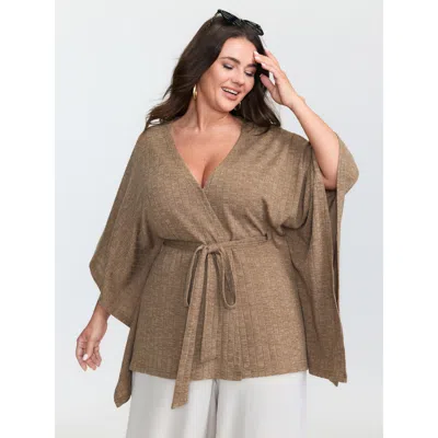 Bloomchic Women's Plus Size Textured Front-tie Flowy Kimono Bronze 10/m In Brown