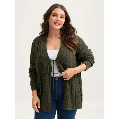 Bloomchic Women's Plus Size Textured Front-tie Ribbed Hem Knit Cardigan Armygreen Long Sleeve 18-20/2x