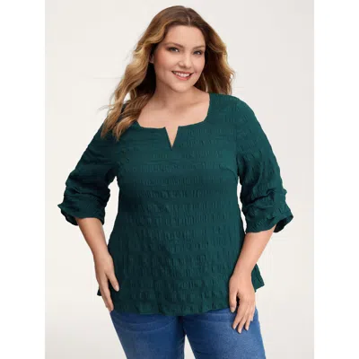 Bloomchic Women's Plus Size Textured Gathered Sleeve Solid Blouse Cyan Synthetic Texture Casual 3/4 Sleeve 30/ In Blue
