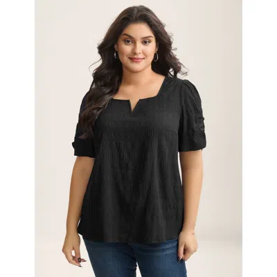 Bloomchic Women's Plus Size Textured Gathered Sleeve Split Neck Blouse Black Solid Office Short Sleeve V-notch