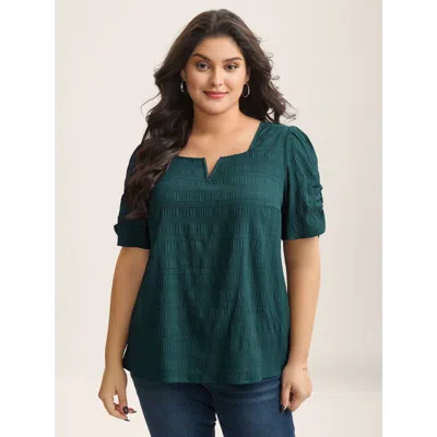 Bloomchic Women's Plus Size Textured Gathered Sleeve Split Neck Blouse Darkgreen Solid Office Short Sleeve V-n In Green