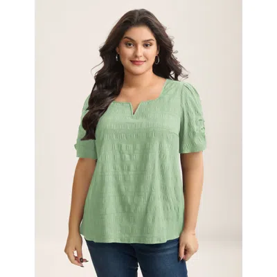Bloomchic Women's Plus Size Textured Gathered Sleeve Split Neck Blouse Greenbean Solid Office Short Sleeve V-n