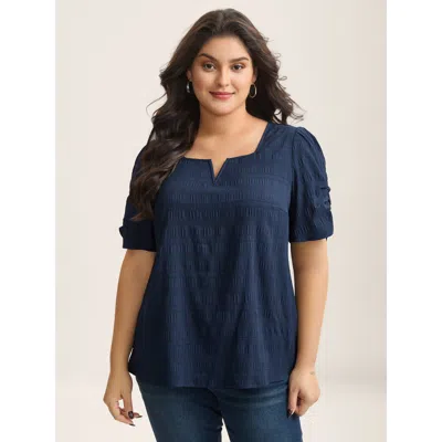 Bloomchic Women's Plus Size Textured Gathered Sleeve Split Neck Blouse Indigo Solid Office Short Sleeve V-notc In Purple