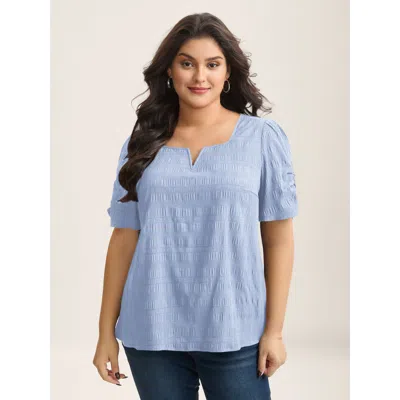 Bloomchic Women's Plus Size Textured Gathered Sleeve Split Neck Blouse Lightblue Solid Office Short Sleeve V-n In Blue