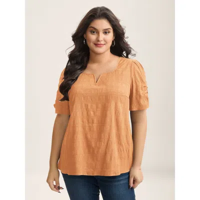 Bloomchic Women's Plus Size Textured Gathered Sleeve Split Neck Blouse Lightorange Solid Office Short Sleeve V
