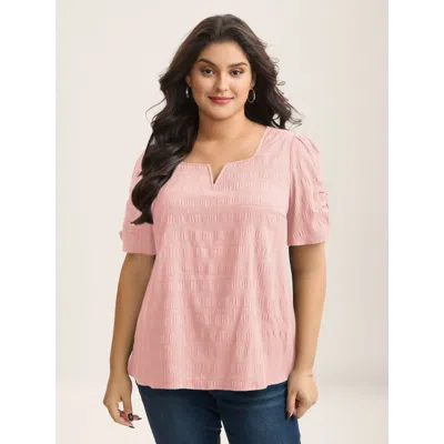 Bloomchic Women's Plus Size Textured Gathered Sleeve Split Neck Blouse Lightpink Solid Office Short Sleeve V-n
