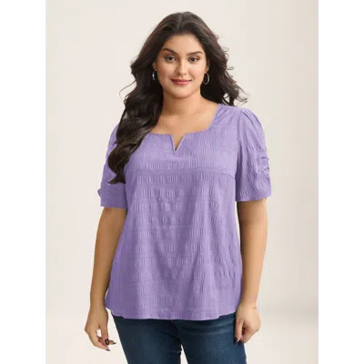 Bloomchic Women's Plus Size Textured Gathered Sleeve Split Neck Blouse Lilac Solid Office Short Sleeve V-notch In Purple