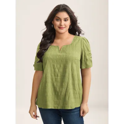 Bloomchic Women's Plus Size Textured Gathered Sleeve Split Neck Blouse Olive Solid Office Short Sleeve V-notch In Green