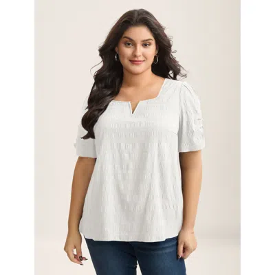 Bloomchic Women's Plus Size Textured Gathered Sleeve Split Neck Blouse Originalwhite Solid Office Short Sleeve