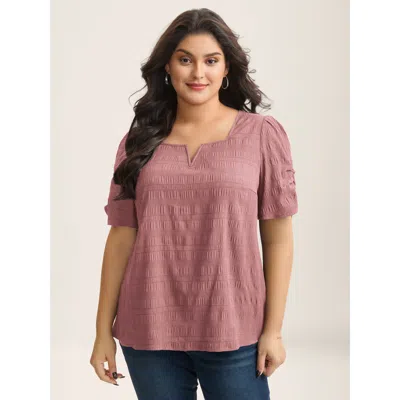 Bloomchic Women's Plus Size Textured Gathered Sleeve Split Neck Blouse Rouge Solid Office Short Sleeve V-notch In Red