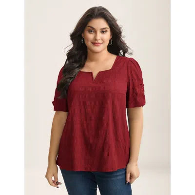 Bloomchic Women's Plus Size Textured Gathered Sleeve Split Neck Blouse Scarlet Solid Office Short Sleeve V-not In Red