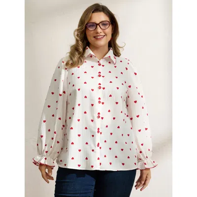 Bloomchic Women's Plus Size Textured Heart Embroidered Collar Blouse Originalwhite Valentine Elegant Long Slee