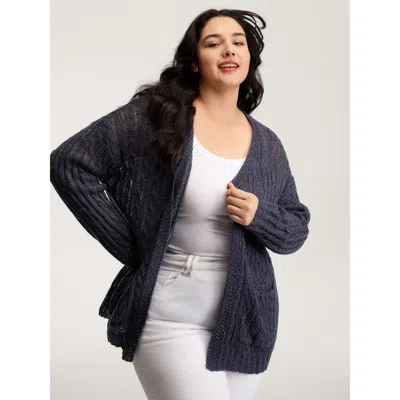 Bloomchic Women's Plus Size Textured Heather Pockets Open-front Cardigan Indigo Long Sleeve 14-16/1x In Purple