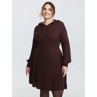 Bloomchic Women's Plus Size Textured Hooded Cinched-waist Sweater Dress Browncoffeecolor Non Short Cable Knit 