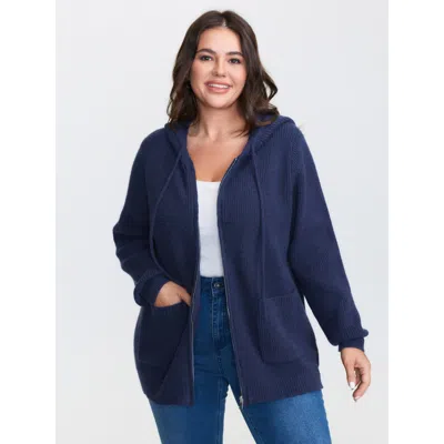 Bloomchic Women's Plus Size Textured Hooded Pockets Zipper Cardigan Midnight Long Sleeve 12/l In Blue