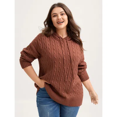 Bloomchic Women's Plus Size Textured Hooded Ribbed Hem Pullover Yellowishbrown Long Sleeve 18-20/2x