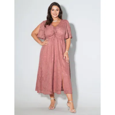 Bloomchic Women's Plus Size Textured Jacquard Drawstring Slit Midi Dress Rouge Synthetic Texture Midi Party 30 In Red