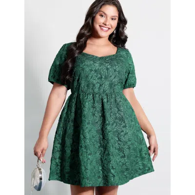 Bloomchic Women's Plus Size Textured Jacquard Puffy Sleeve Knee Dress Darkgreen Solid Midi Elegant Jacquard 10 In Green