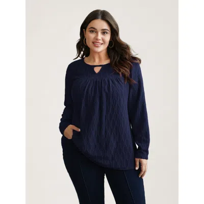 Bloomchic Women's Plus Size Textured Keyhole Gathered Knit Top Indigo Long Sleeve Casual Round Neck 12/l In Purple