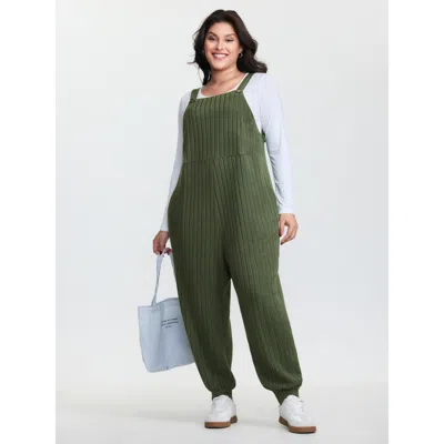 Bloomchic Women's Plus Size Textured Knit Adjustable Overall Jumpsuit Armygreen Casual 22-24/3x