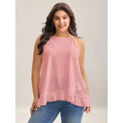Bloomchic Women's Plus Size Textured Knit Overlap Hem Tank Top Beanpastepowder Casual Relaxed Fit Boxy Round N