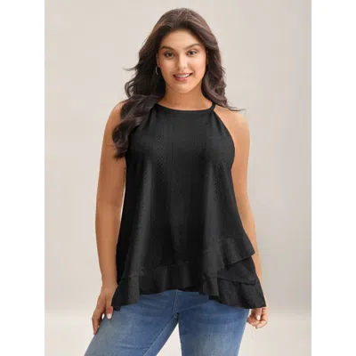 Bloomchic Women's Plus Size Textured Knit Overlap Hem Tank Top Black Casual Relaxed Fit Boxy Round Neck 10/m