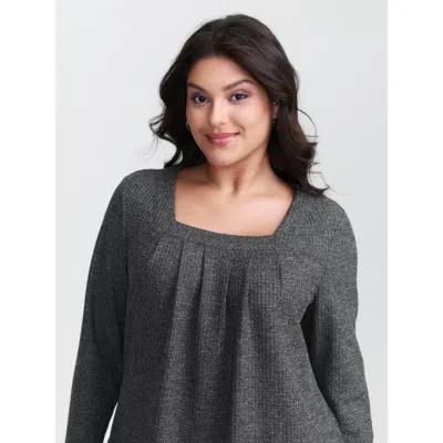 Bloomchic Women's Plus Size Textured Knit Pleated Neckline Top Dimgray Long Sleeve Casual Square Neck 10/m