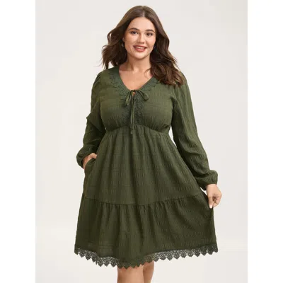 Bloomchic Women's Plus Size Textured Lace Adjustable Neck-tie Midi Dress Armygreen Non Knee Elegant Woven Ribb