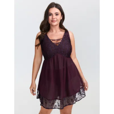 Bloomchic Women's Plus Size Textured Lace Cross-tie Neckline Nightgown Eggplant Sleeveless Tunic 12/l In Purple