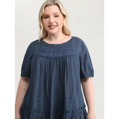 Bloomchic Women's Plus Size Textured Lace Cut-out Babydoll Blouse Indigo Synthetic Texture Elegant Short Sleev In Purple