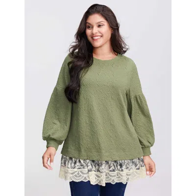 Bloomchic Women's Plus Size Textured Lace Layered Balloon Sleeve Sweatshirt Sage Not Graphics Casual Round Nec In Green