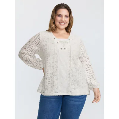Bloomchic Women's Plus Size Textured Lace Neck Tie-up Blouse Whitesmoke Synthetic Texture Casual Extra Long Sl