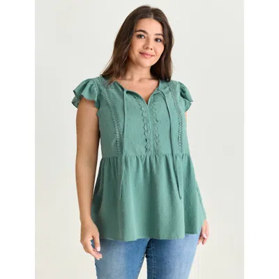 Bloomchic Women's Plus Size Textured Lace Panels Keyhole Neckline Blouse Turquoise Solid Casual Short Sleeve V In Blue