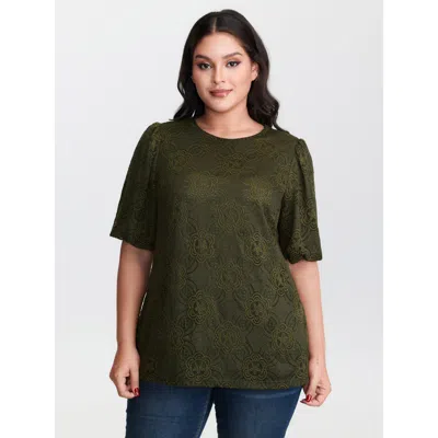 Bloomchic Women's Plus Size Textured Lace Puffy Sleeve T-shirt Armygreen Solid Elegant Short Sleeve Round Neck