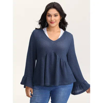 Bloomchic Women's Plus Size Textured Lace Ruffled Sleeve Knit Top Darkblue Long Sleeve Casual 10/m In Blue